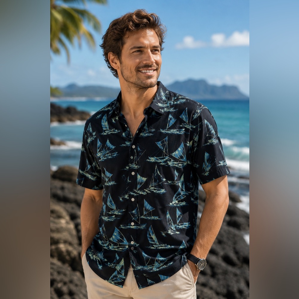reyn spooner Catamaran Boat Short-Sleeve Button-Up Shirt Cotton Tencel Hawaii